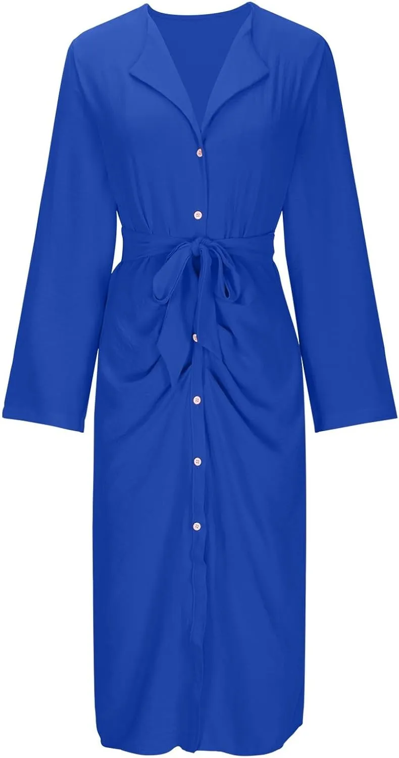 Women Button Down Midi Pencil Dress Long Sleeve V Neck Office Sheath Dress Elegant Belted Ruched Slim Teacher Dress