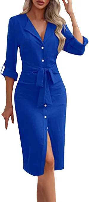 Women Button Down Midi Pencil Dress Long Sleeve V Neck Office Sheath Dress Elegant Belted Ruched Slim Teacher Dress