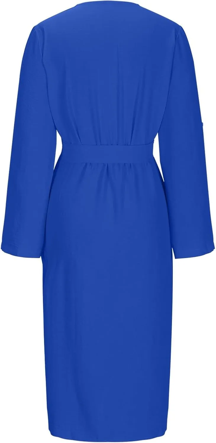Women Button Down Midi Pencil Dress Long Sleeve V Neck Office Sheath Dress Elegant Belted Ruched Slim Teacher Dress