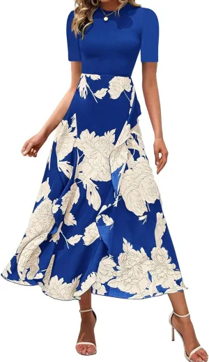 Women Casual Short Sleeve Summer Dresses 2025 Spring Crewneck Patchwork Boho Floral Ruffle Cocktail Party Midi Dress