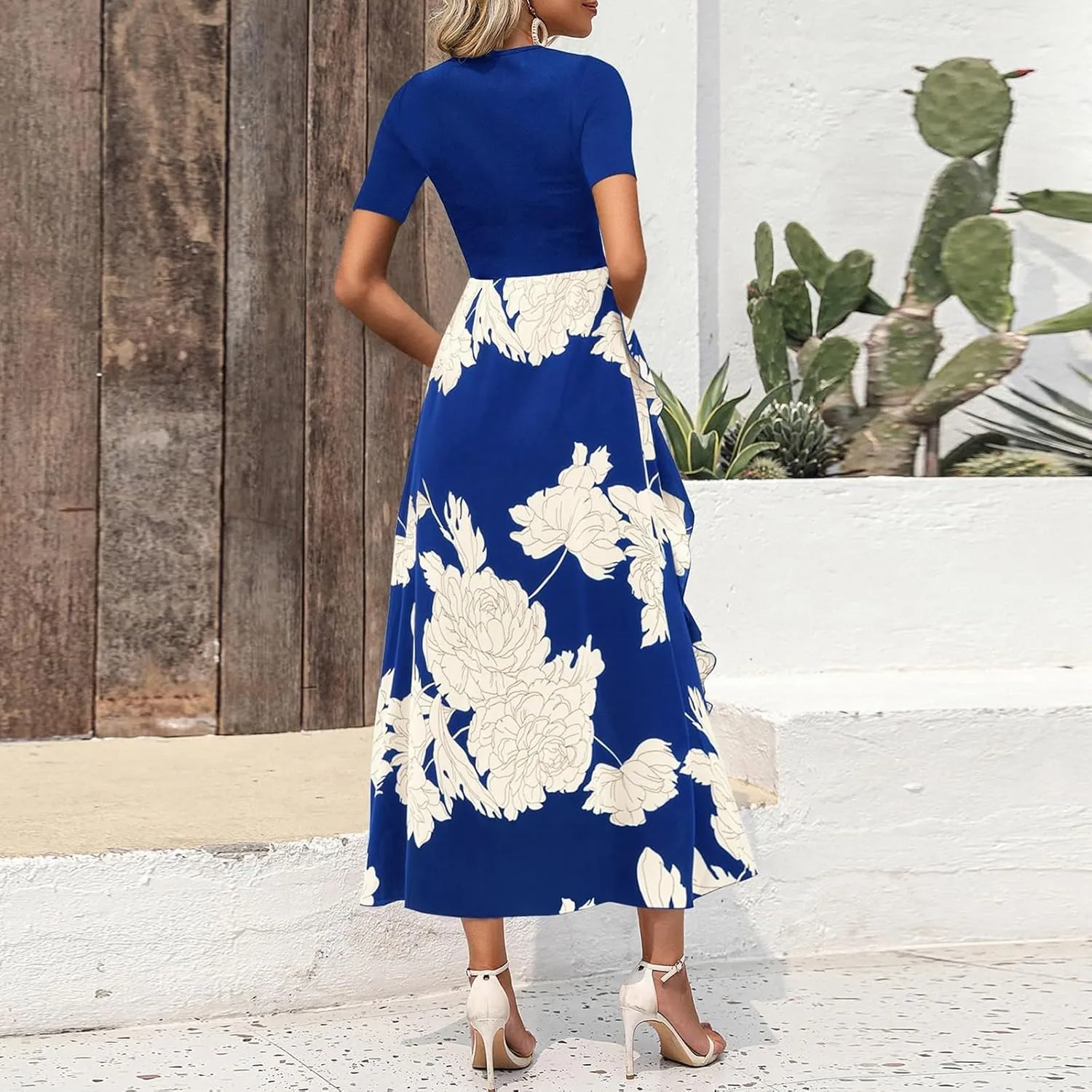 Women Casual Short Sleeve Summer Dresses 2025 Spring Crewneck Patchwork Boho Floral Ruffle Cocktail Party Midi Dress