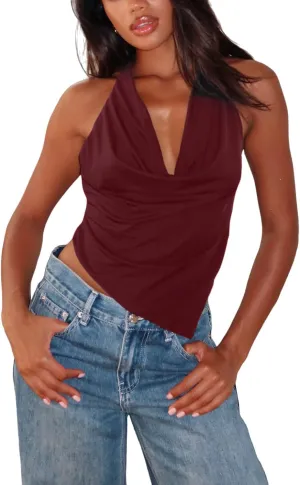 Women Deep V Neck Halter Cropped Sleeveless Tank Top Pleated Low Cut Ruched Open Back Crop Sexy Camisole Tops Red