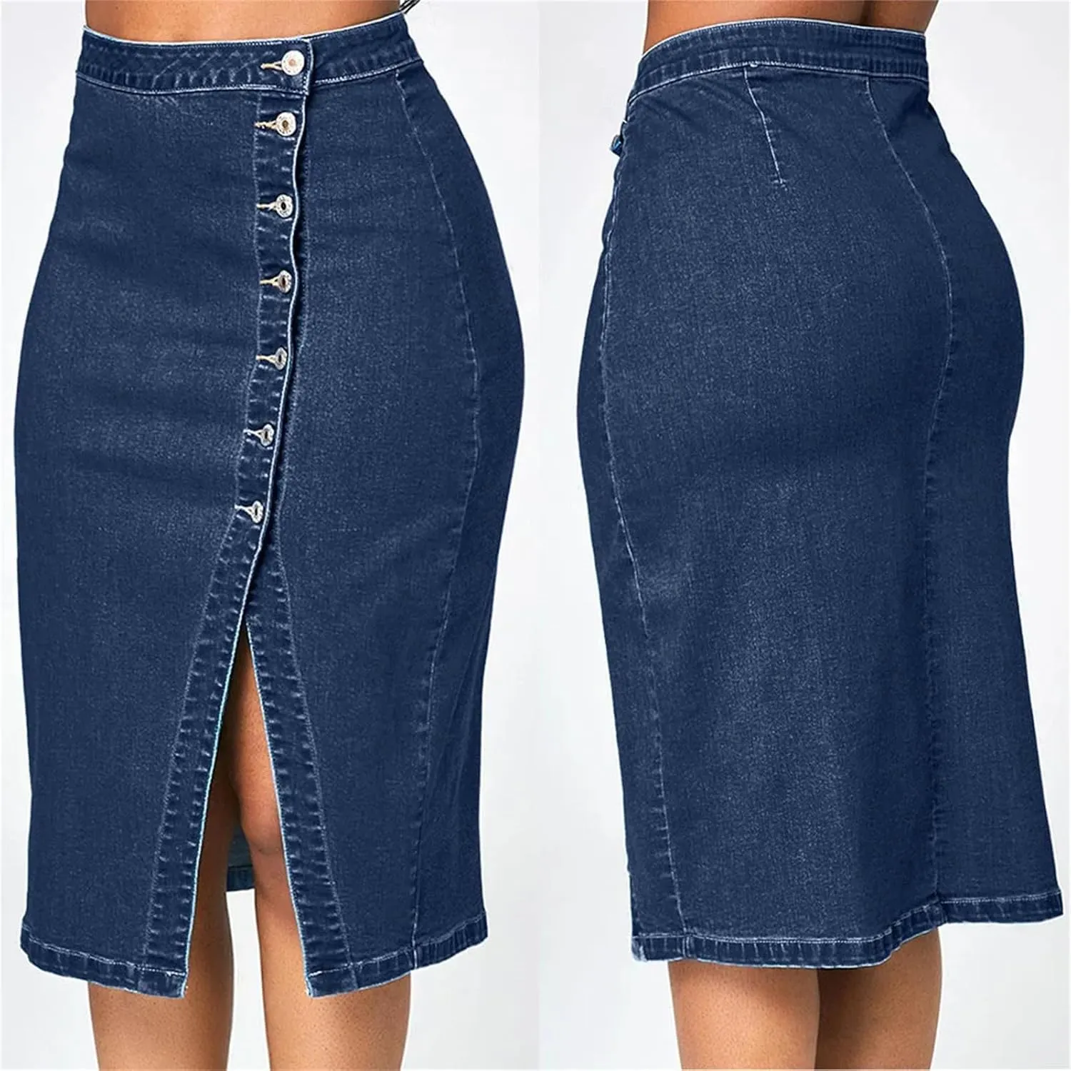 Women Fashion Denim Pencil Skirt High Waisted Blow Knee Jeans Skirts with Button