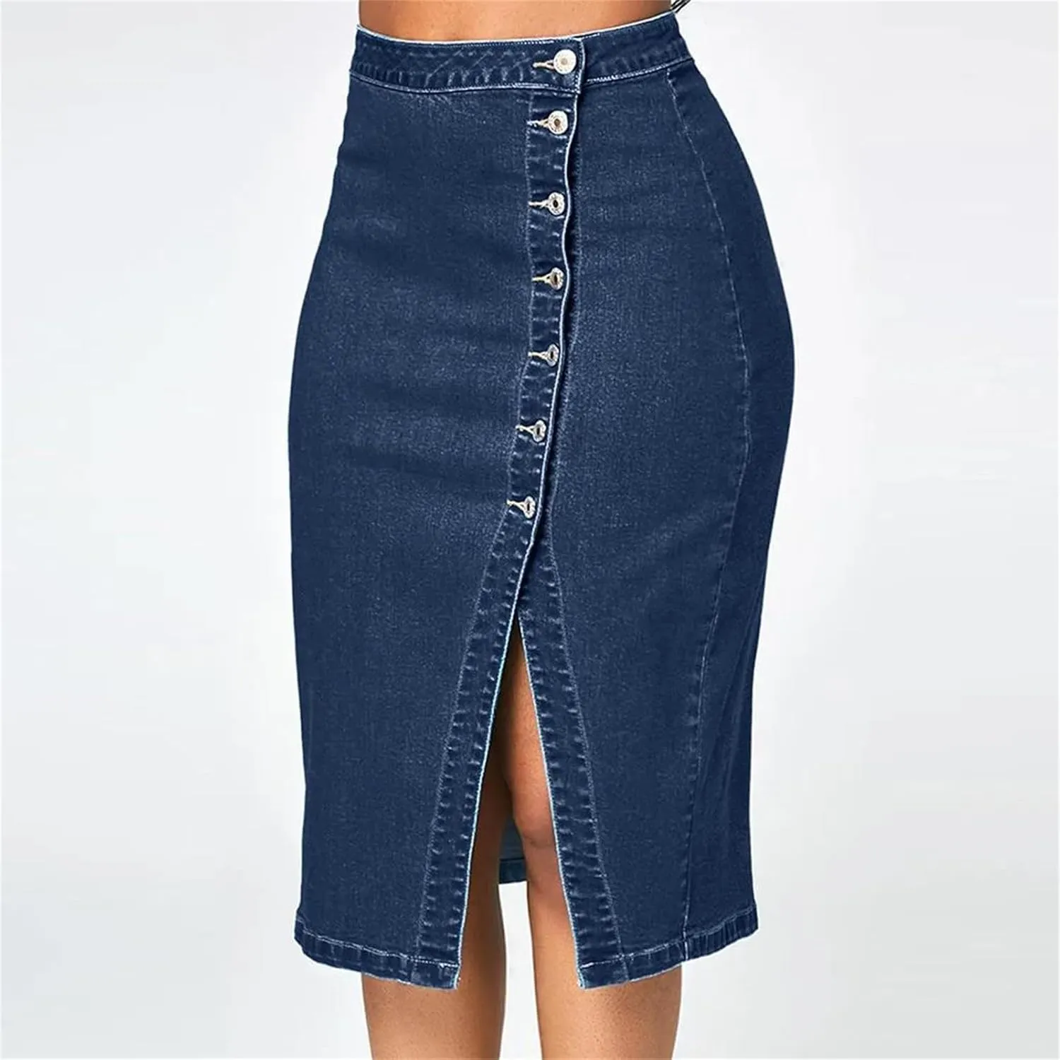 Women Fashion Denim Pencil Skirt High Waisted Blow Knee Jeans Skirts with Button