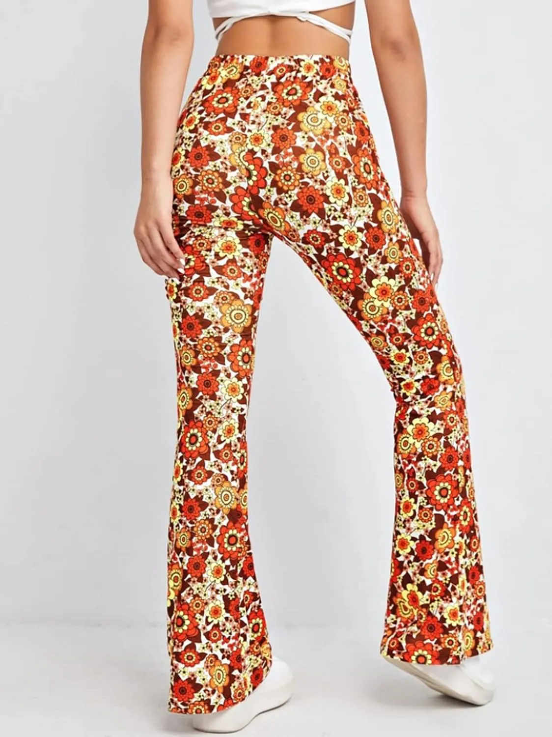 Women High Waisted Fit Flare Ethnic Paisley Floral Bell Bottoms Yoga Pants Flared Leggings