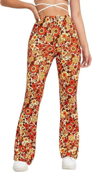 Women High Waisted Fit Flare Ethnic Paisley Floral Bell Bottoms Yoga Pants Flared Leggings