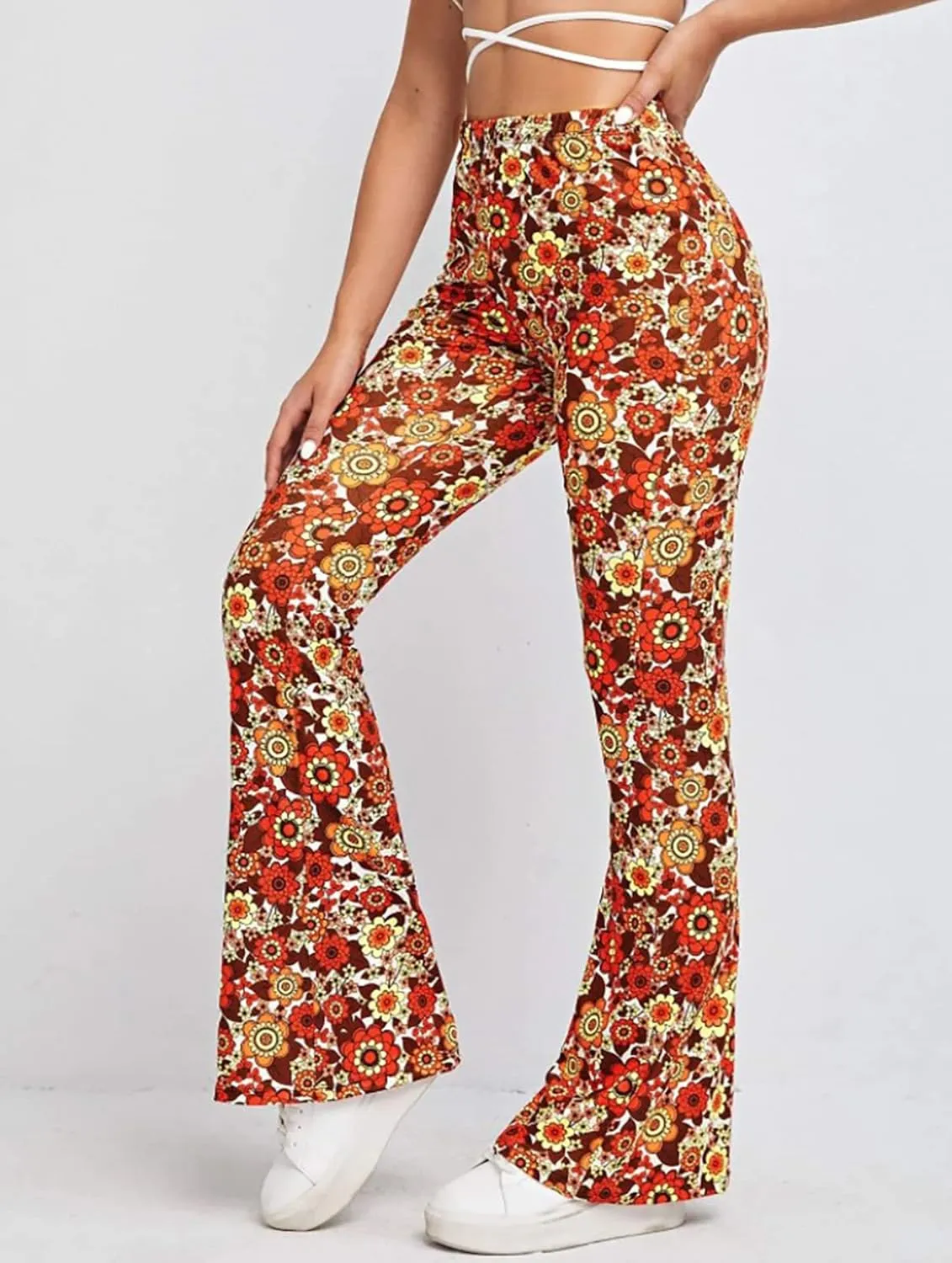 Women High Waisted Fit Flare Ethnic Paisley Floral Bell Bottoms Yoga Pants Flared Leggings