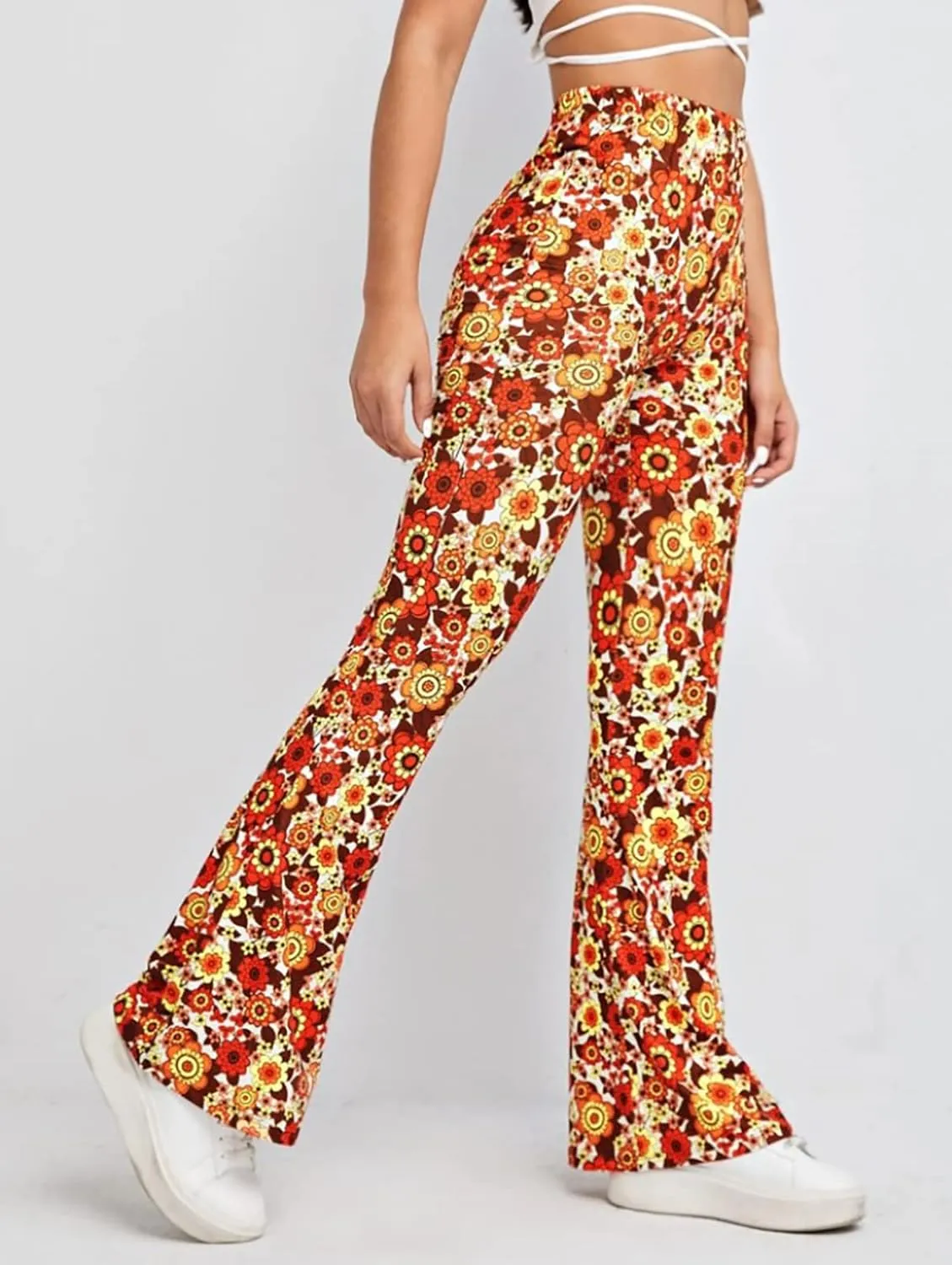 Women High Waisted Fit Flare Ethnic Paisley Floral Bell Bottoms Yoga Pants Flared Leggings