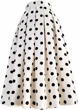 Women Korean Vintage Elegant High Waist Black Polka Dot Print Long Pleated White Midi Skirt Basic Office