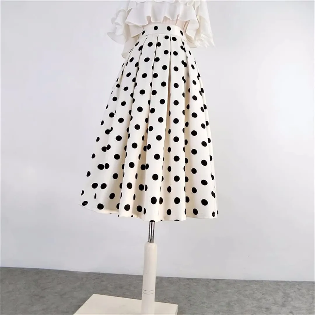 Women Korean Vintage Elegant High Waist Black Polka Dot Print Long Pleated White Midi Skirt Basic Office