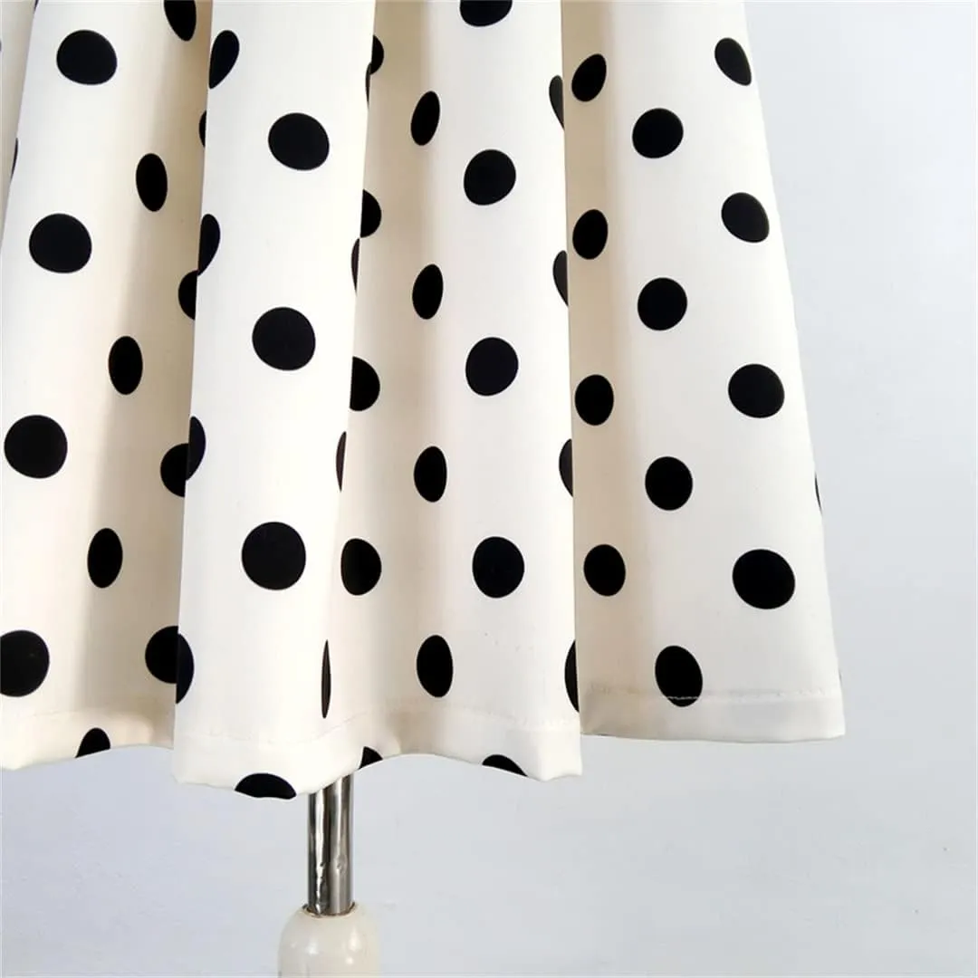Women Korean Vintage Elegant High Waist Black Polka Dot Print Long Pleated White Midi Skirt Basic Office