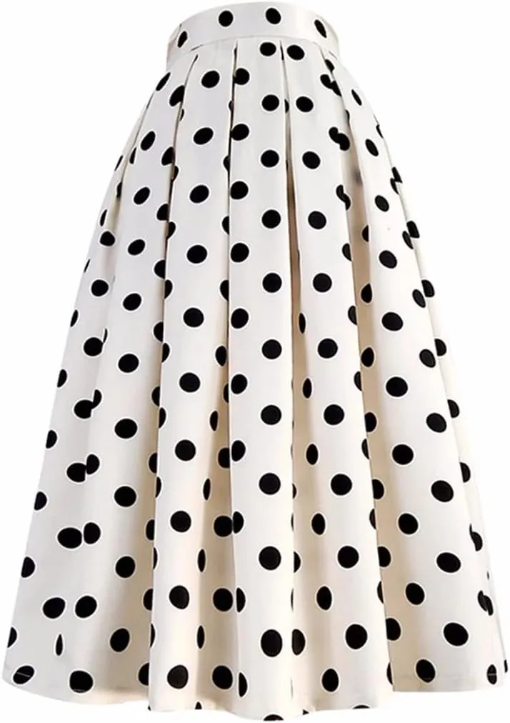 Women Korean Vintage Elegant High Waist Black Polka Dot Print Long Pleated White Midi Skirt Basic Office