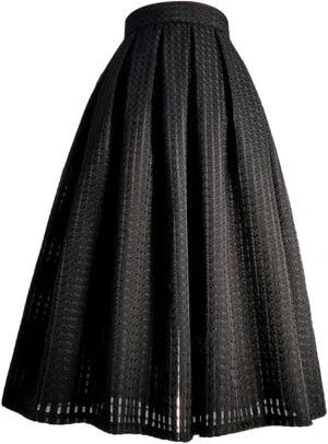 Women Korean Vintage Elegant High Waist White Polka Dot Print Long Pleated Black Midi Skirt