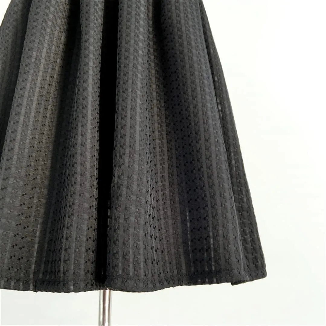 Women Korean Vintage Elegant High Waist White Polka Dot Print Long Pleated Black Midi Skirt