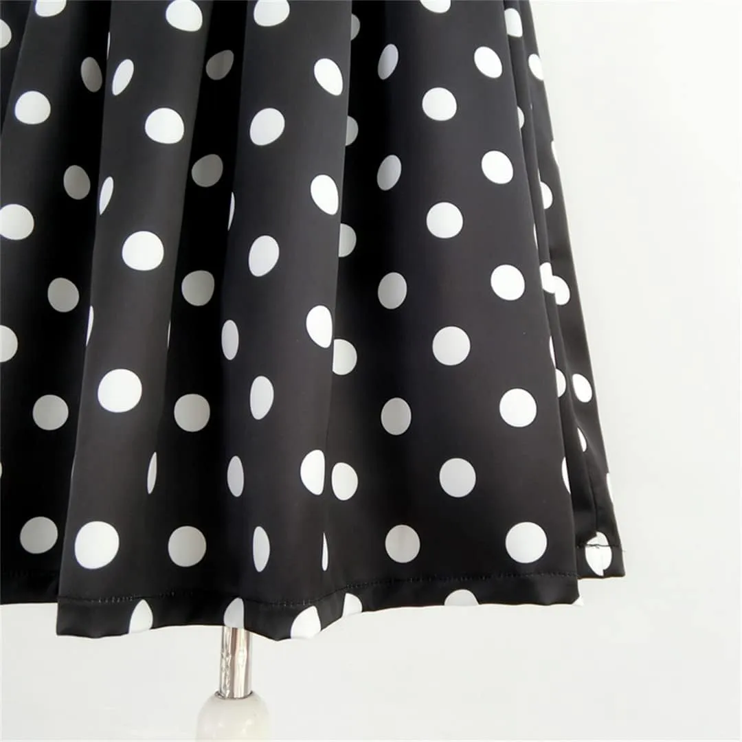 Women Korean Vintage Elegant High Waist White Polka Dot Print Long Pleated Black Midi Skirt