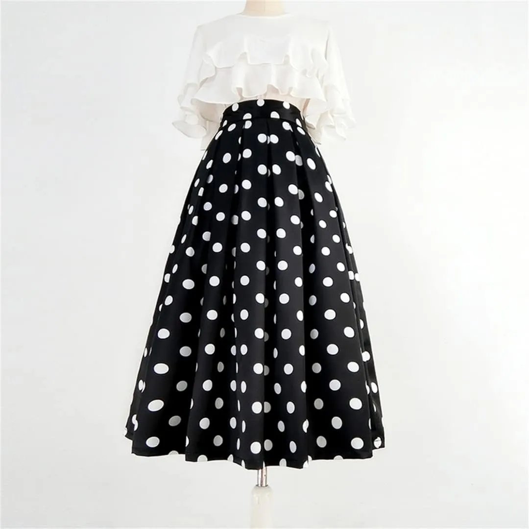 Women Korean Vintage Elegant High Waist White Polka Dot Print Long Pleated Black Midi Skirt