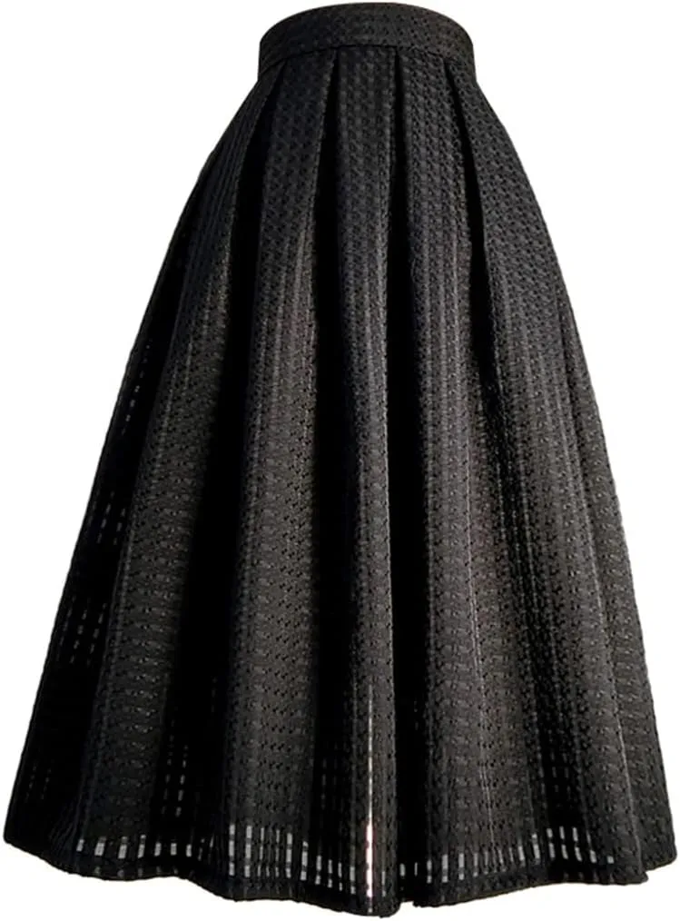 Women Korean Vintage Elegant High Waist White Polka Dot Print Long Pleated Black Midi Skirt
