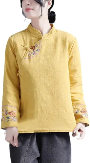 Women Loose Cotton Coat Embroidery Casual Padded Jacket Traditional Vintage Ethnic Tang Suit