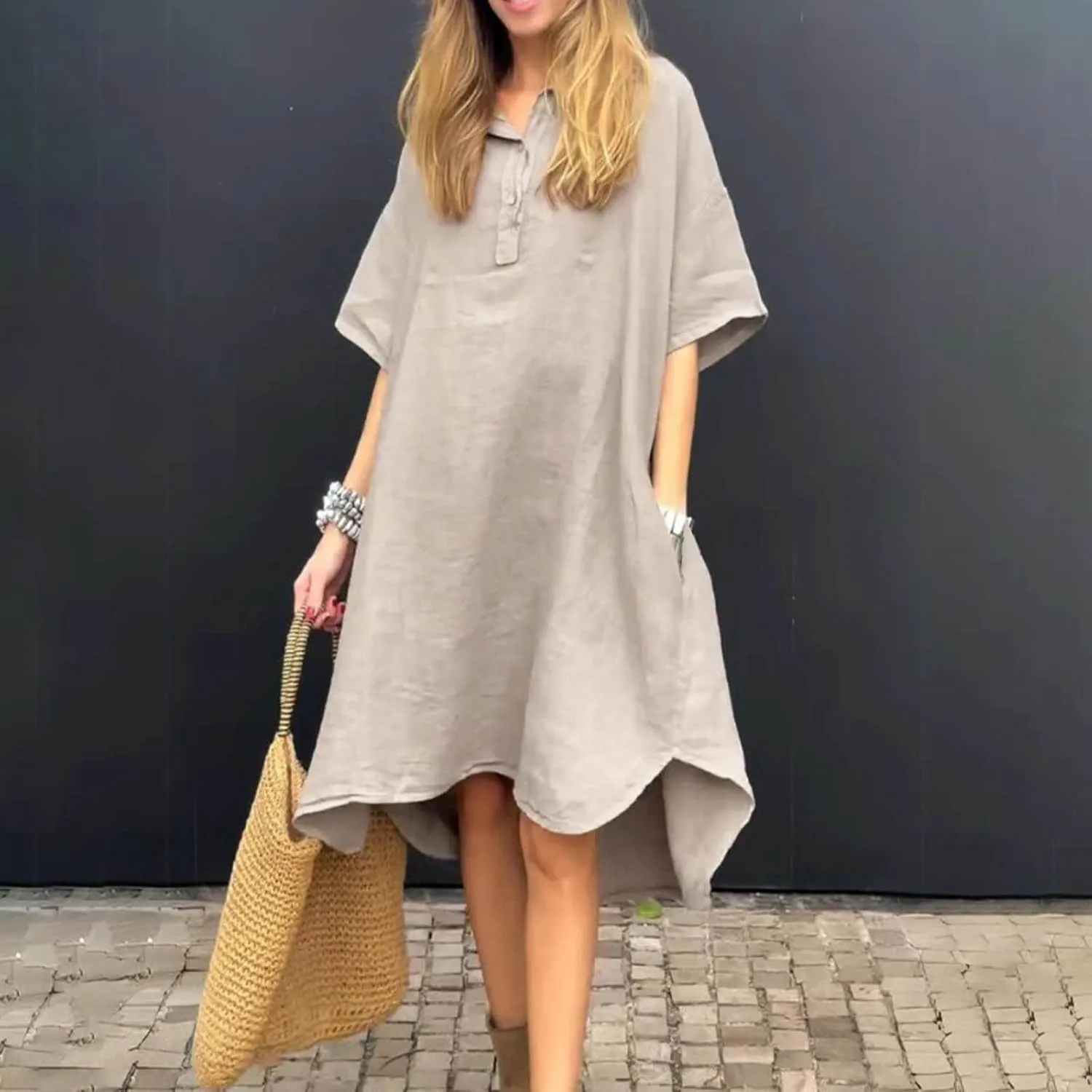Women Plus Size Button Down Shirt Dresses with Pockets Summer Casual Loose 3/4 Sleeve Midi Dress Cover Up Sundress