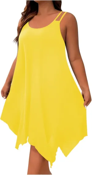 Women Plus Size Midi Dresses Trendy Irregular Hem Sleeveless Crewneck Loose Comfy Tank Dress Summer Beach Sundress