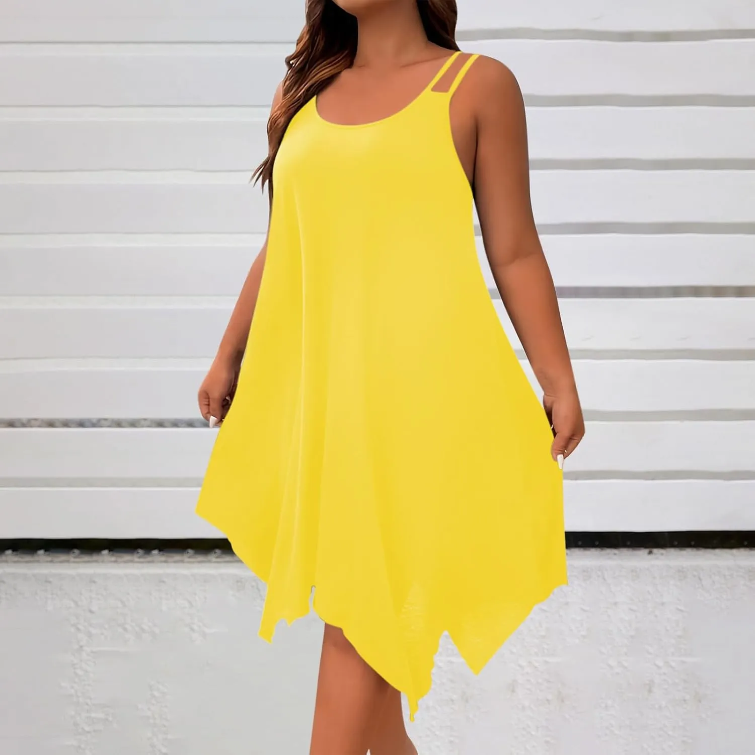 Women Plus Size Midi Dresses Trendy Irregular Hem Sleeveless Crewneck Loose Comfy Tank Dress Summer Beach Sundress