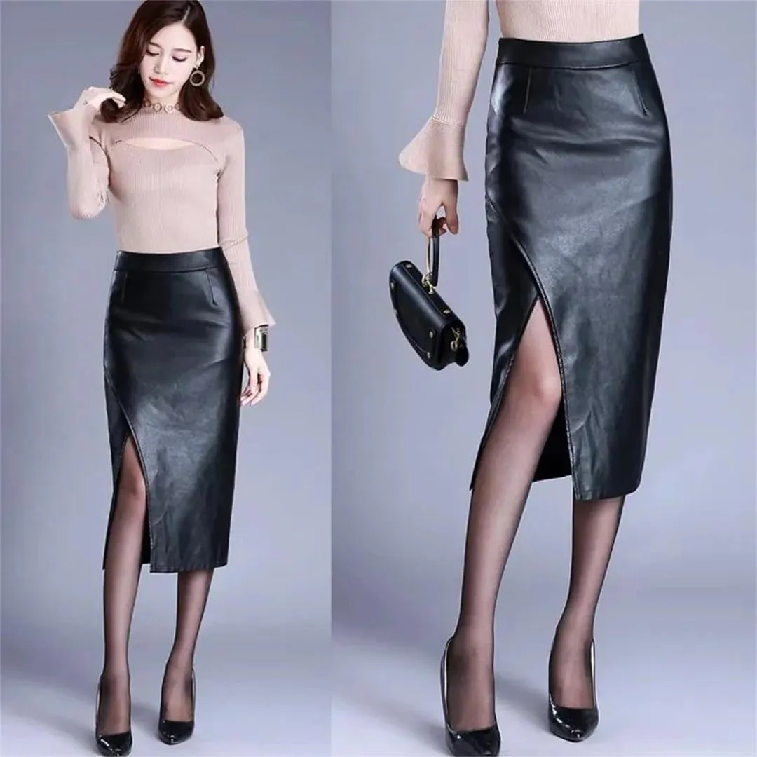 Women PU Leather Skirt Spring Fall Over Knee High Waist Split Package Hip Sexy Skirt Midi Skirt