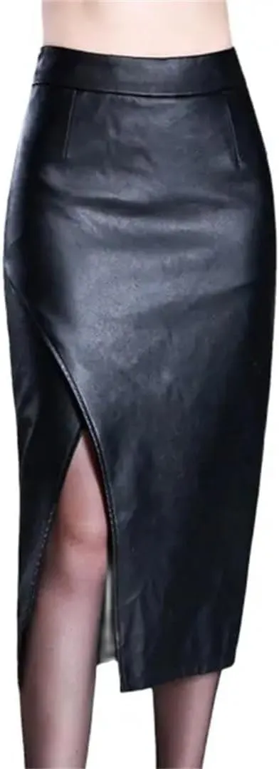 Women PU Leather Skirt Spring Fall Over Knee High Waist Split Package Hip Sexy Skirt Midi Skirt
