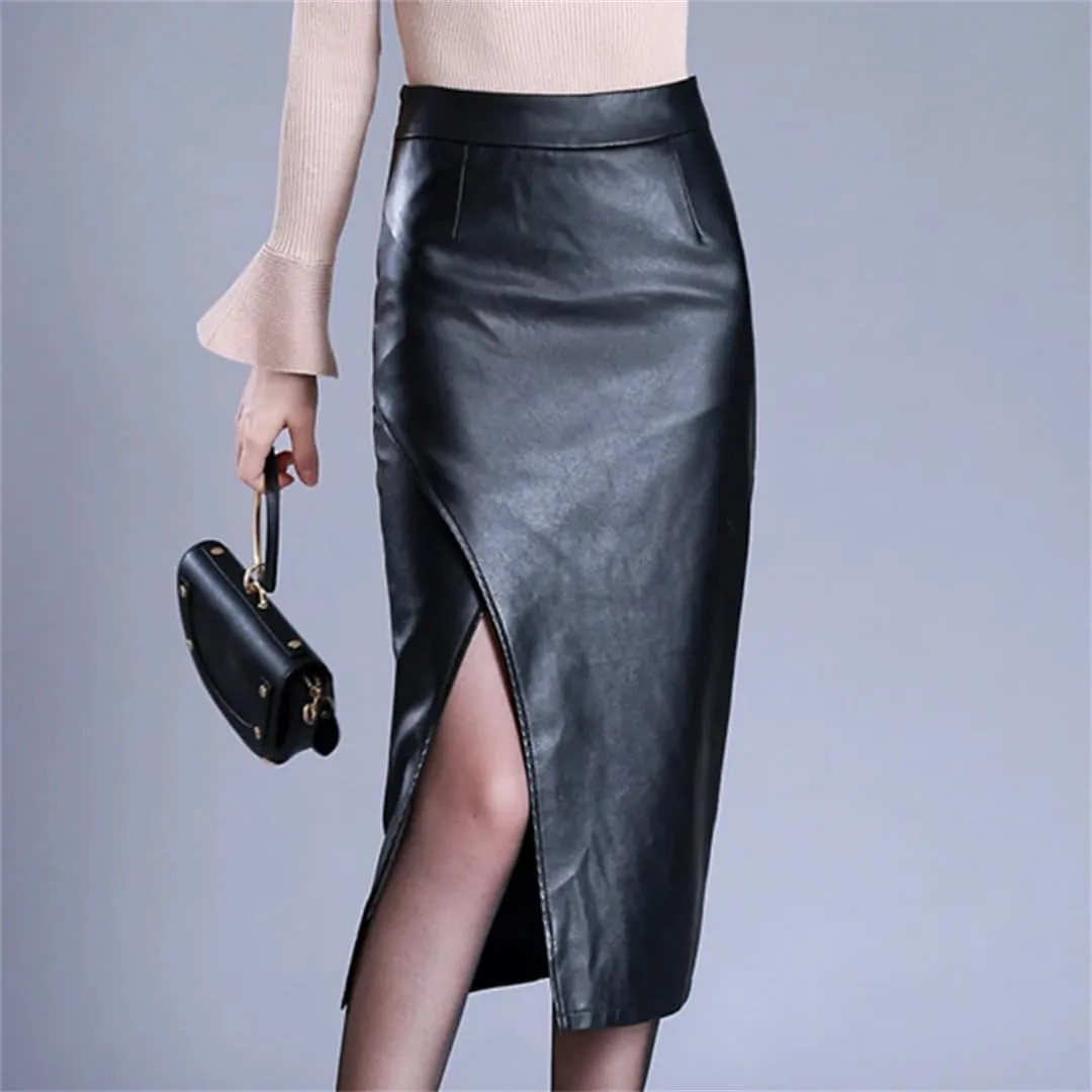 Women PU Leather Skirt Spring Fall Over Knee High Waist Split Package Hip Sexy Skirt Midi Skirt