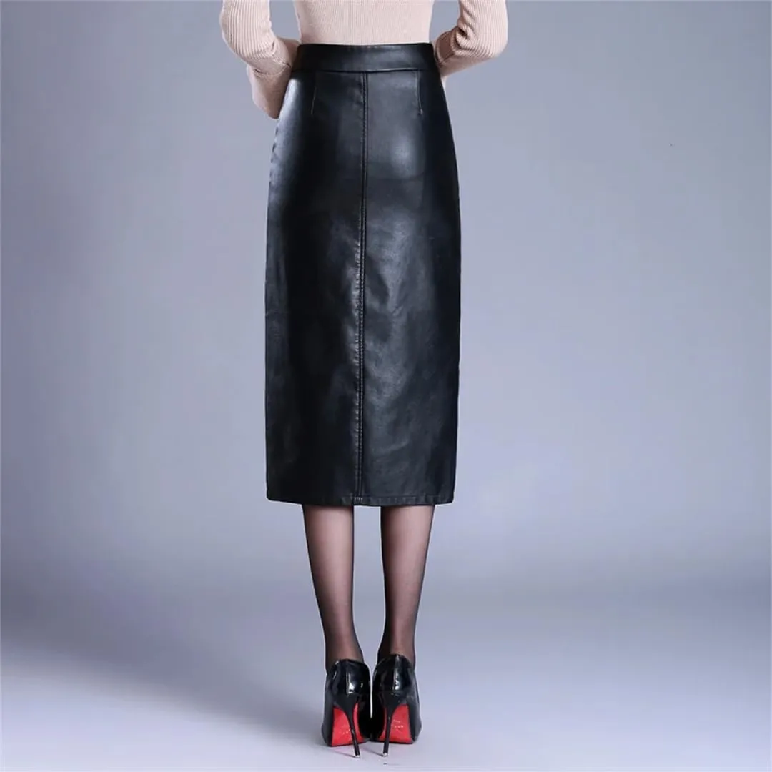 Women PU Leather Skirt Spring Fall Over Knee High Waist Split Package Hip Sexy Skirt Midi Skirt