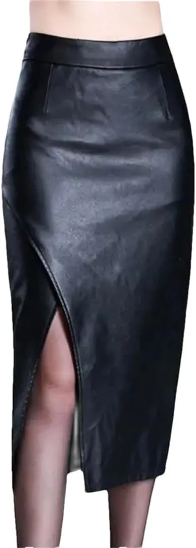 Women PU Leather Skirt Spring Fall Over Knee High Waist Split Package Hip Sexy Skirt Midi Skirt