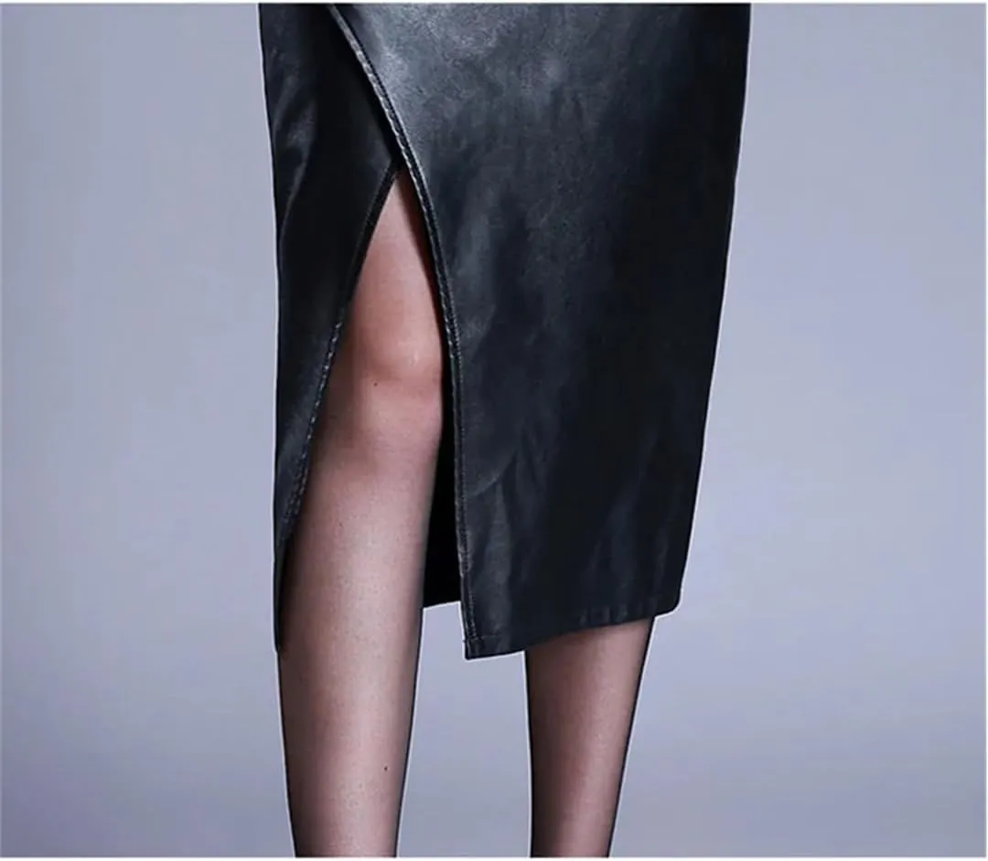 Women PU Leather Skirt Spring Fall Over Knee High Waist Split Package Hip Sexy Skirt Midi Skirt
