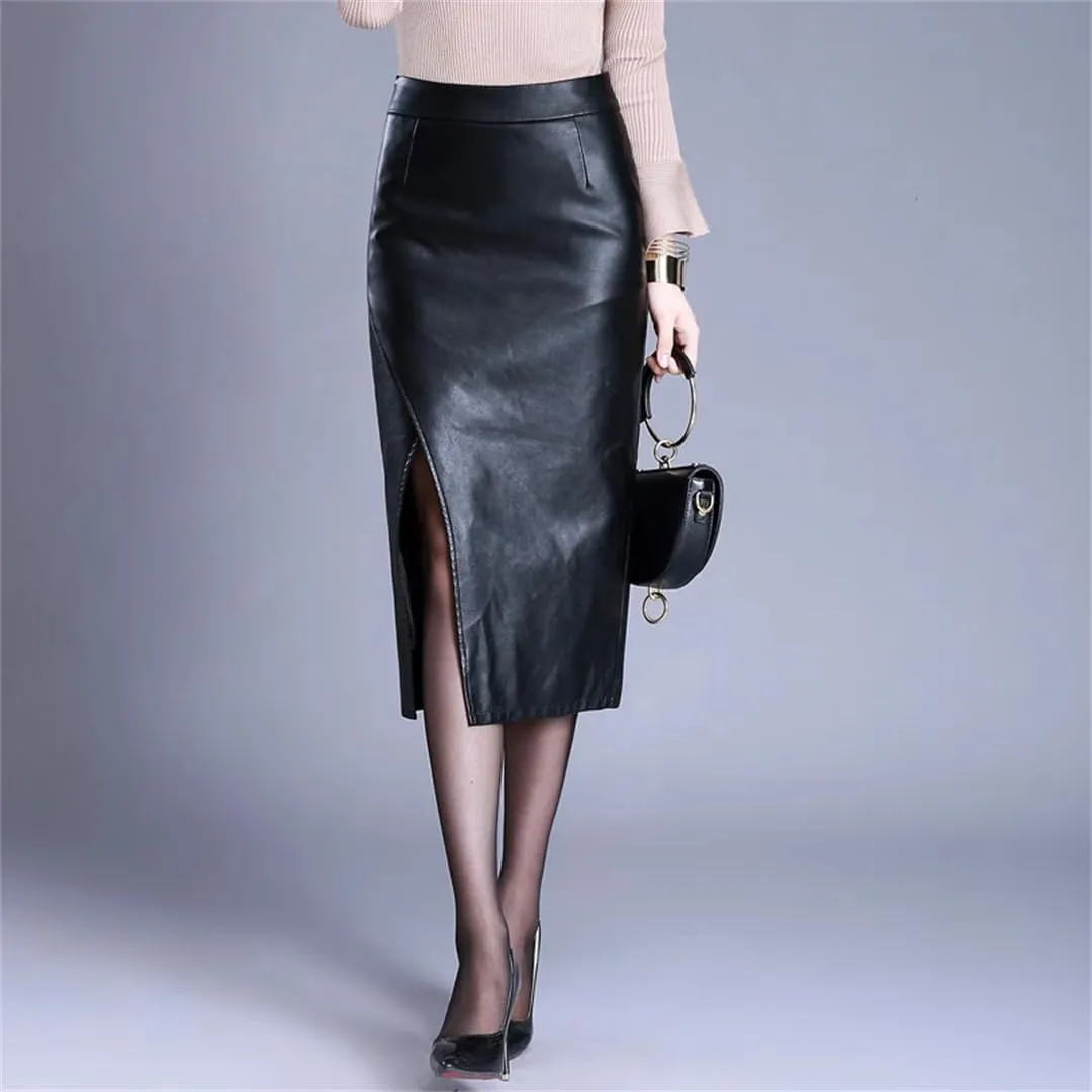 Women PU Leather Skirt Spring Fall Over Knee High Waist Split Package Hip Sexy Skirt Midi Skirt