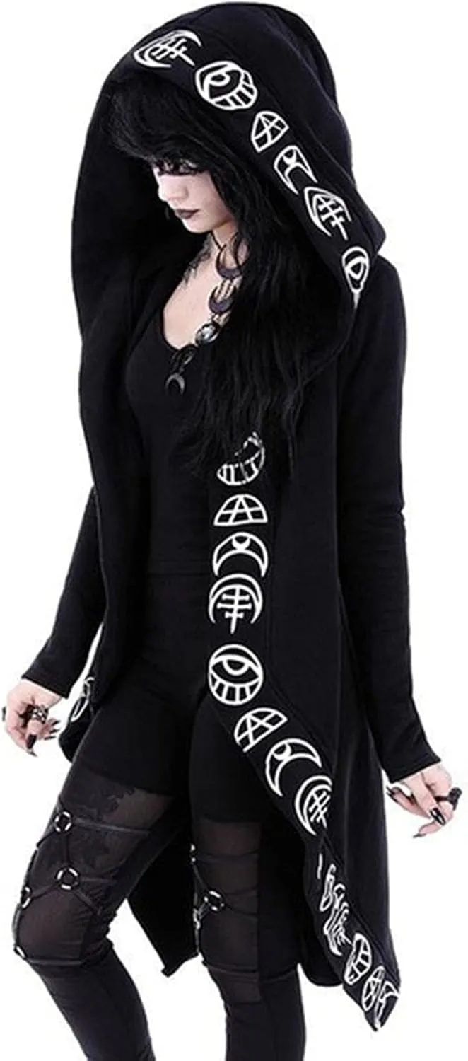 Women Punk Gothic Sweatshirt Witchcraft Moon Long Hoodie Oversized Long Sleeve Zip Up Hoodie