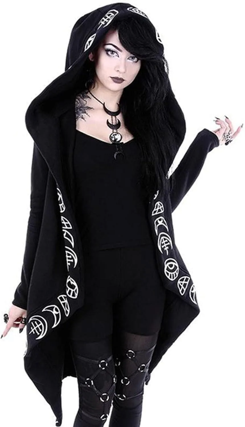 Women Punk Gothic Sweatshirt Witchcraft Moon Long Hoodie Oversized Long Sleeve Zip Up Hoodie