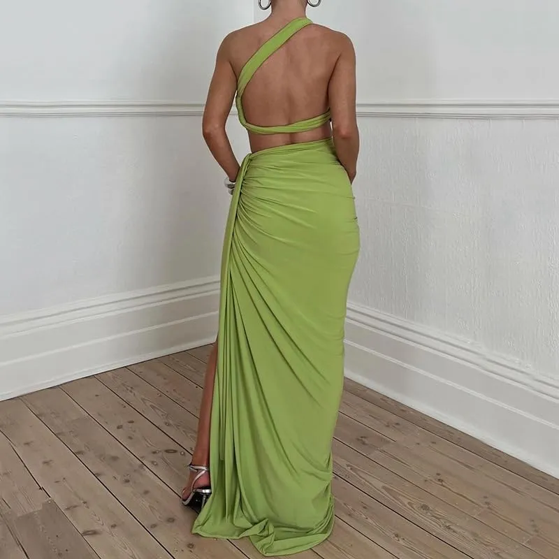 Women Sexy Maxi Skirt Set Y2k Strapless One Shoulder Hollow Out Tops High Split Skirt 2 Piece Party Club Dress