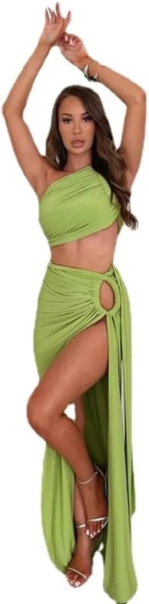 Women Sexy Maxi Skirt Set Y2k Strapless One Shoulder Hollow Out Tops High Split Skirt 2 Piece Party Club Dress