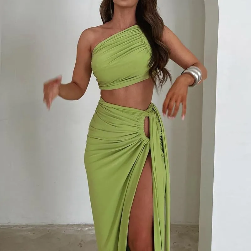 Women Sexy Maxi Skirt Set Y2k Strapless One Shoulder Hollow Out Tops High Split Skirt 2 Piece Party Club Dress