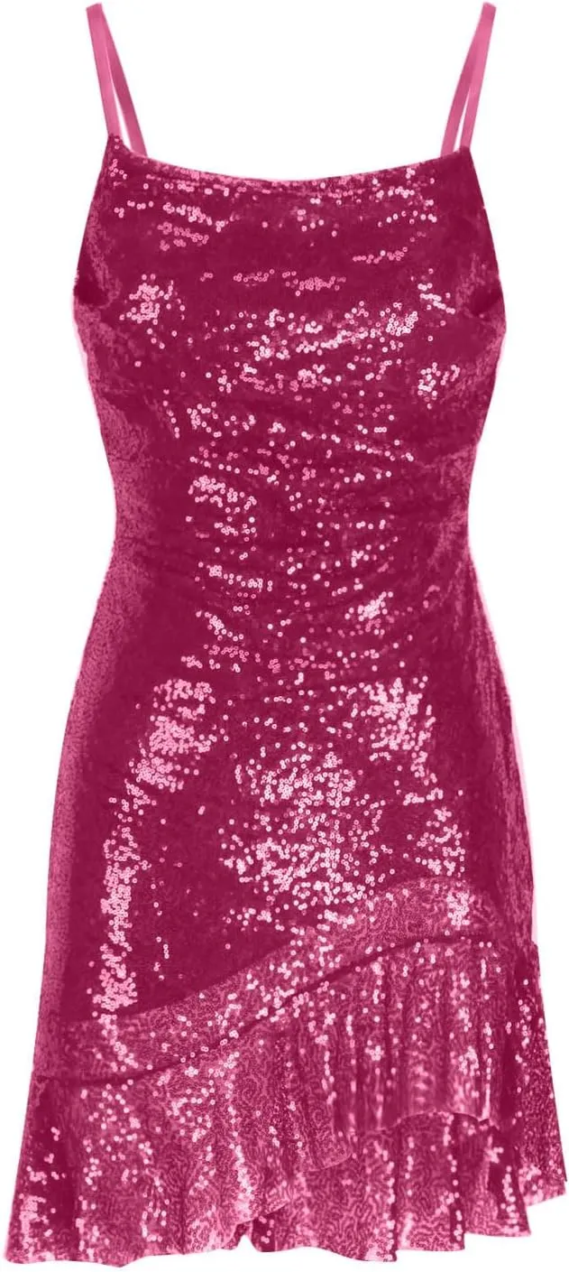 Women Sexy Sequin Glitter Mini Dress Spaghetti Strap Ruffle Hem Bodycon Wrap Short Dress Sparkle Backless Cami Dress