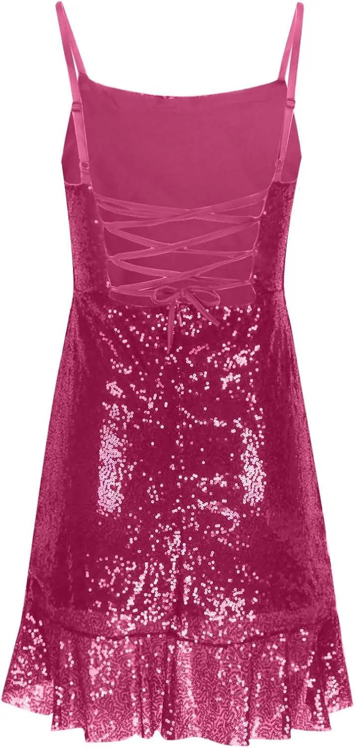 Women Sexy Sequin Glitter Mini Dress Spaghetti Strap Ruffle Hem Bodycon Wrap Short Dress Sparkle Backless Cami Dress