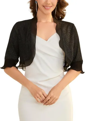 Women Shrugs 3/4 Sleeve Open Front Cropped Cardigan Ruffle Bolero for Evening Dress