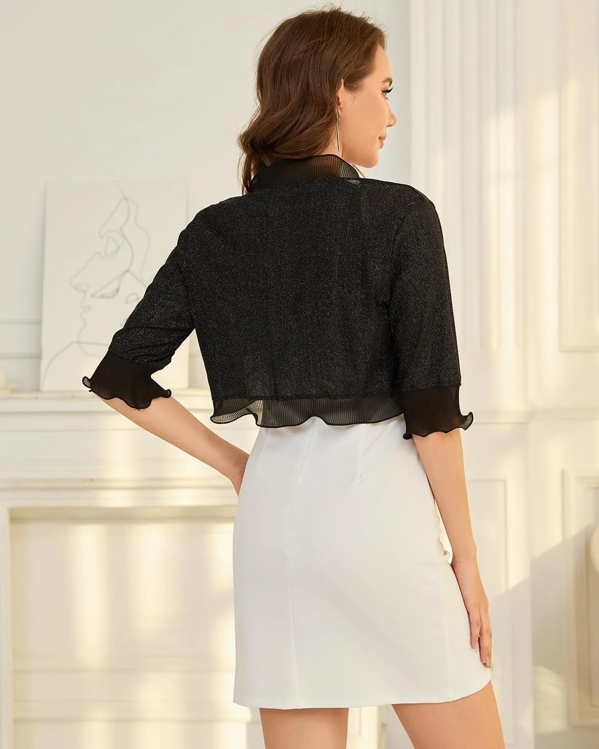 Women Shrugs 3/4 Sleeve Open Front Cropped Cardigan Ruffle Bolero for Evening Dress