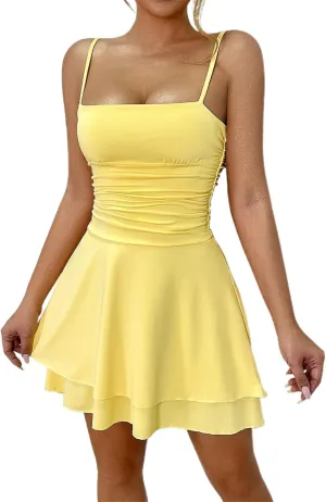 Women Strapless Tube Mini Dress Sexy Ruched Waist Ruffle Sleeveless Backless Tiered Layered Ruffle Hem A-Line Short Dress