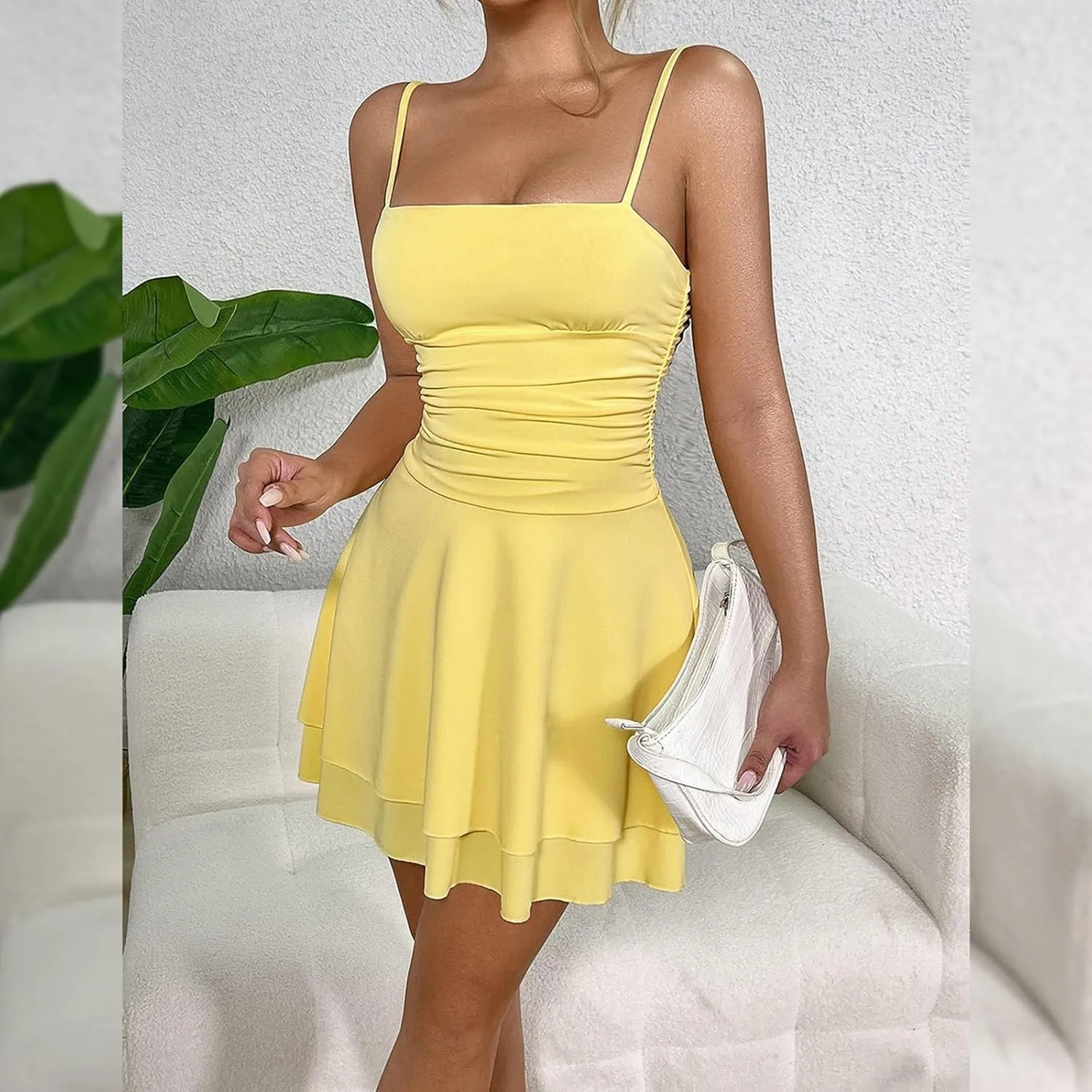 Women Strapless Tube Mini Dress Sexy Ruched Waist Ruffle Sleeveless Backless Tiered Layered Ruffle Hem A-Line Short Dress