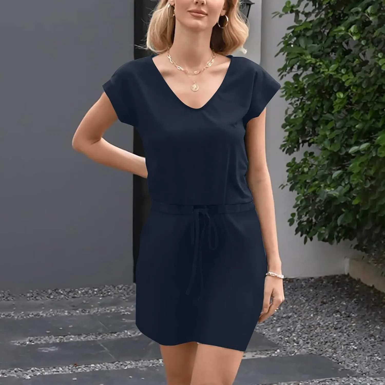 Women Summer Dress Casual Short Sleeve V Neck Sundresses Drawstring Waist Beach Cover up Mini Beach Dress with Pocket