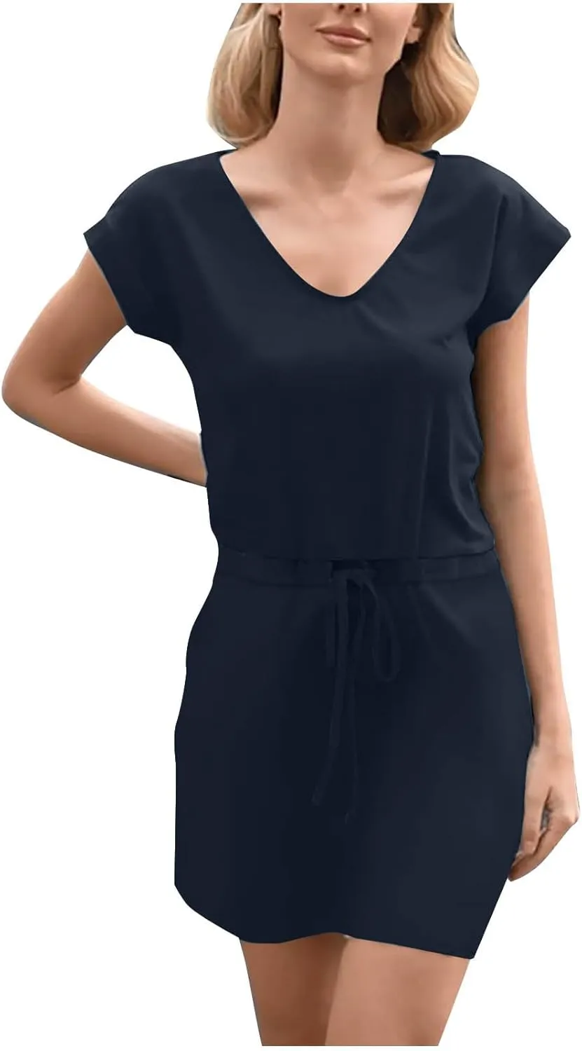 Women Summer Dress Casual Short Sleeve V Neck Sundresses Drawstring Waist Beach Cover up Mini Beach Dress with Pocket