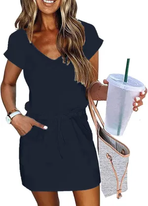 Women Summer Dress Casual Short Sleeve V Neck Sundresses Drawstring Waist Beach Cover up Mini Beach Dress with Pocket
