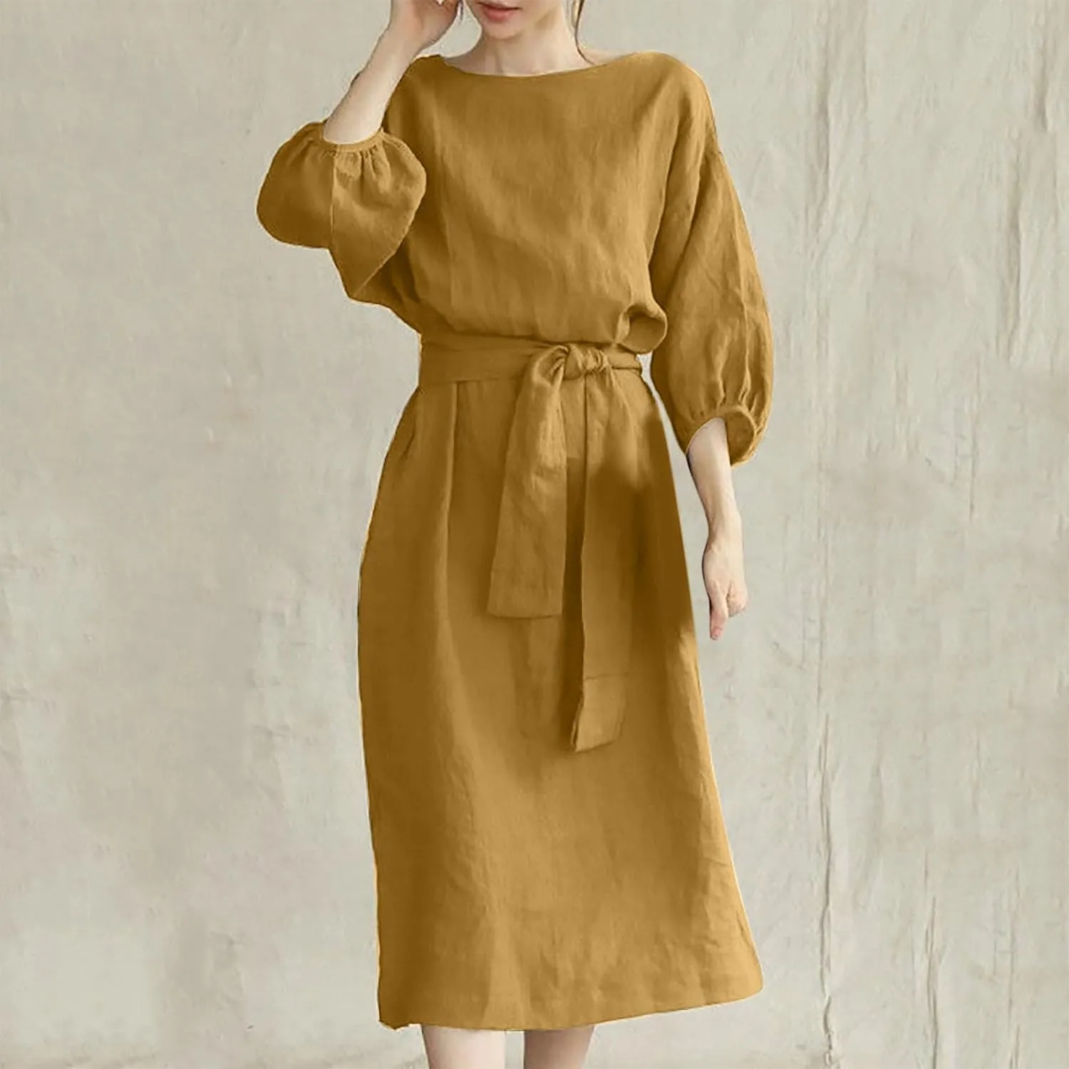 Women Summer Dresses Dressy Casual Loose Lantern 3/4 Sleeve Midi Dress Boat Neck Tie Waist Plus Size T Shirt Dress