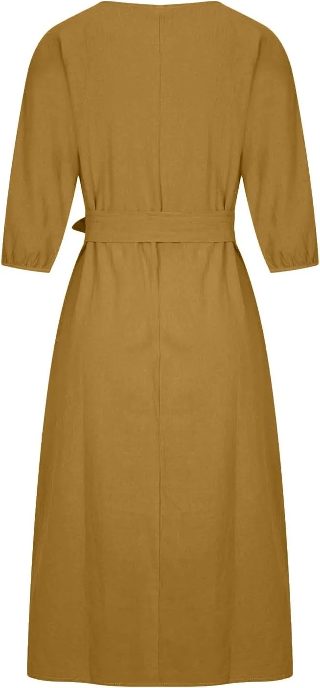 Women Summer Dresses Dressy Casual Loose Lantern 3/4 Sleeve Midi Dress Boat Neck Tie Waist Plus Size T Shirt Dress