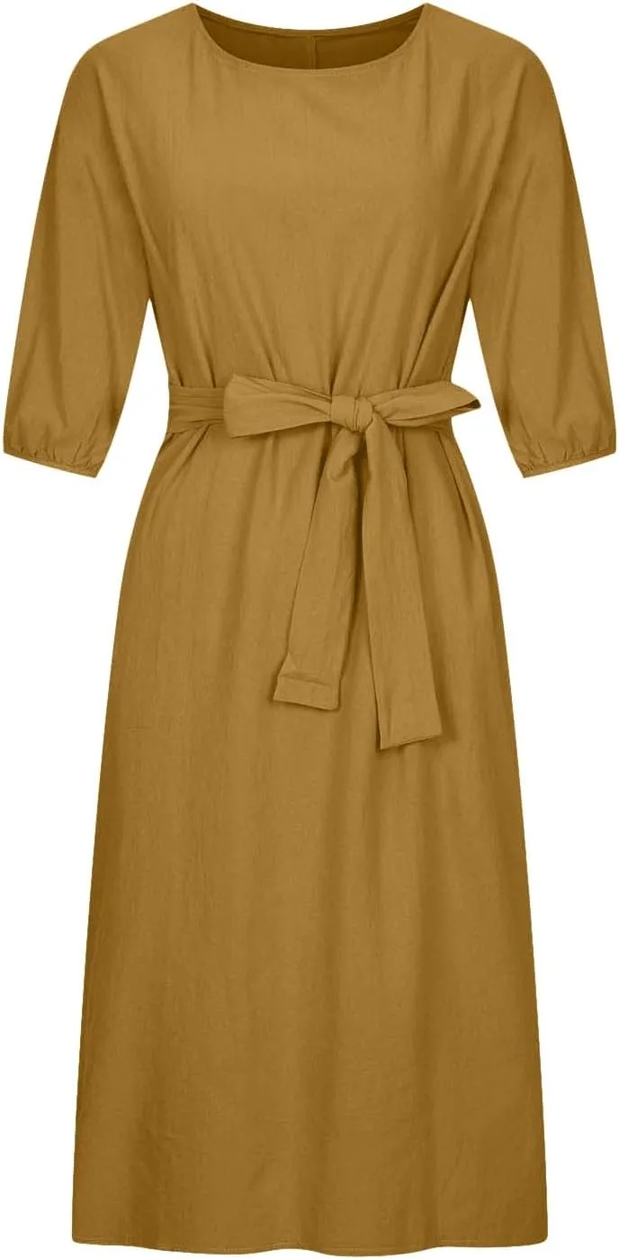 Women Summer Dresses Dressy Casual Loose Lantern 3/4 Sleeve Midi Dress Boat Neck Tie Waist Plus Size T Shirt Dress