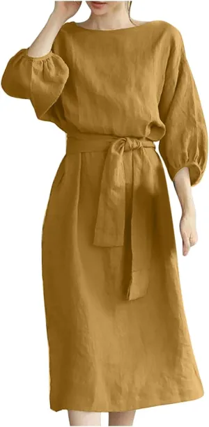 Women Summer Dresses Dressy Casual Loose Lantern 3/4 Sleeve Midi Dress Boat Neck Tie Waist Plus Size T Shirt Dress